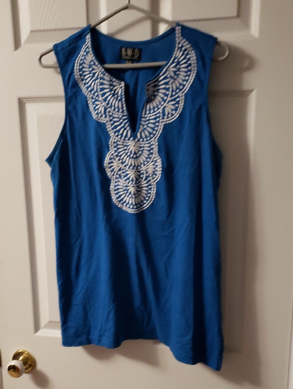 Sleeveless Royal Blue Tank with White Embroidered Yoke